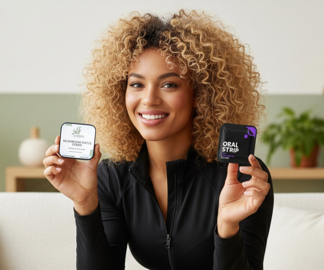 A smiling woman holding a Silk Strips Mushroom Focus tin and an individual oral strip packet.