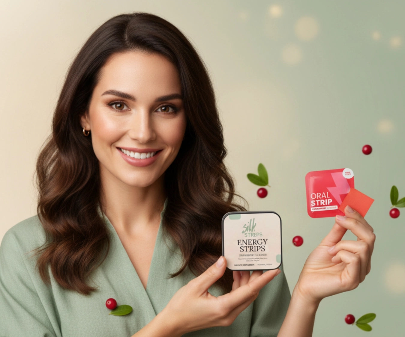 A smiling woman holding a Silk Strips Energy tin and a cranberry oral strip, showcasing the portable supplement size.
