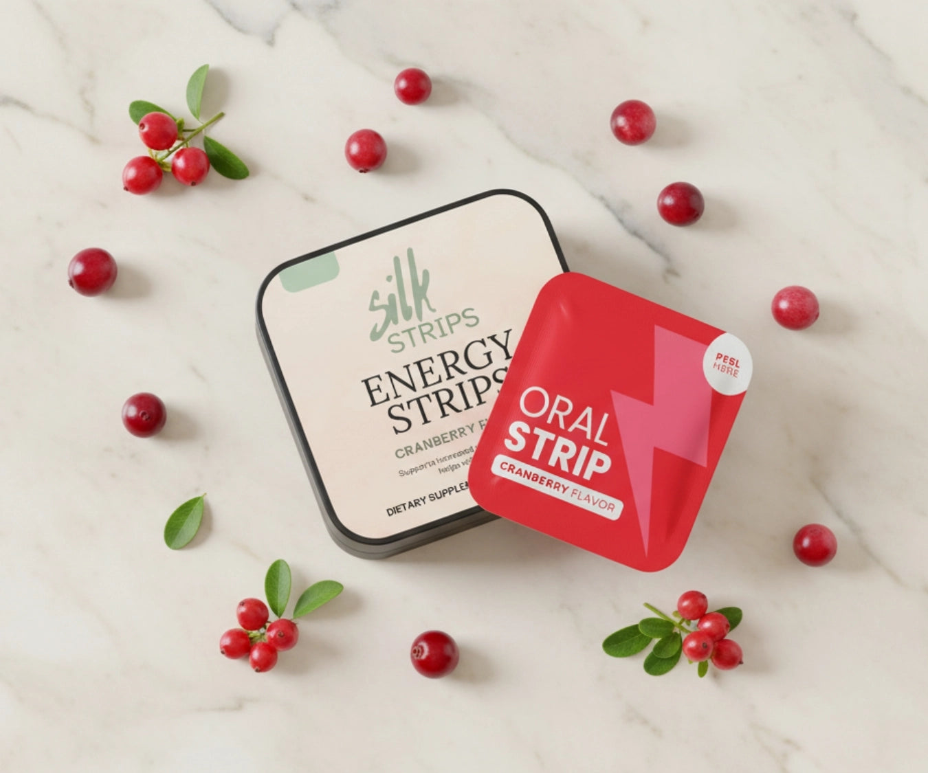 Silk Strips Energy tin and a red cranberry sachet displayed on a marble surface surrounded by fresh cranberries and green leaves.