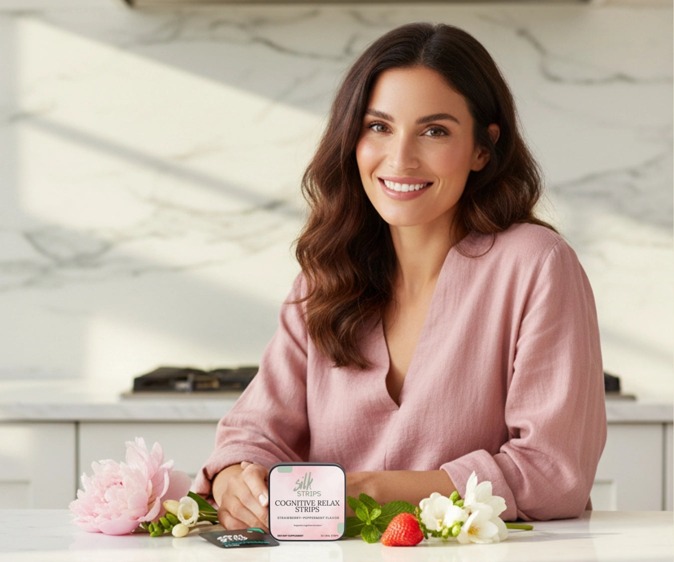 A woman in a pink robe smiling in a bright kitchen with a Silk Strips tin and fresh botanicals on the counter.