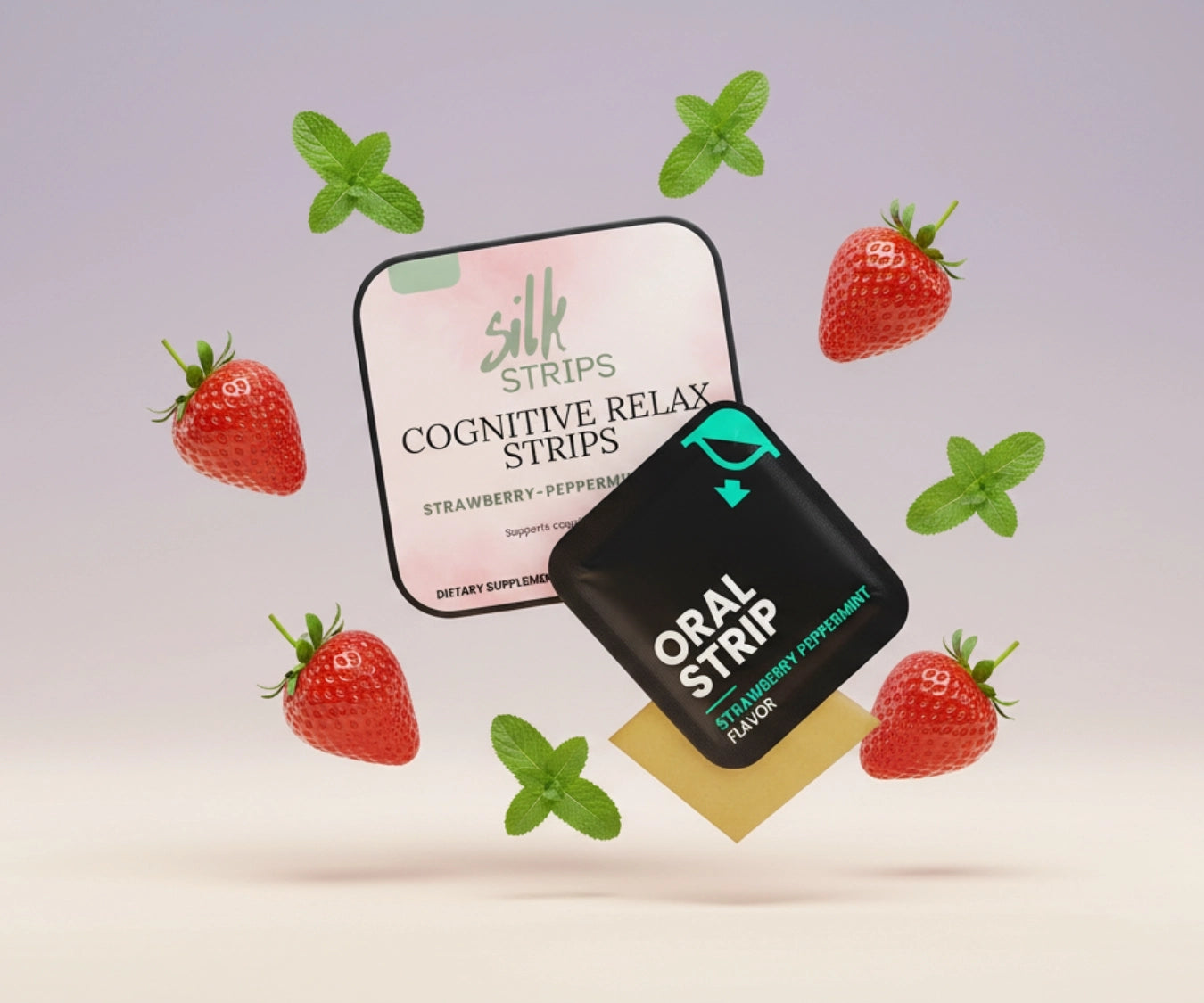 A Cognitive Relax tin and a single oral strip sachet surrounded by floating fresh strawberries and mint leaves.